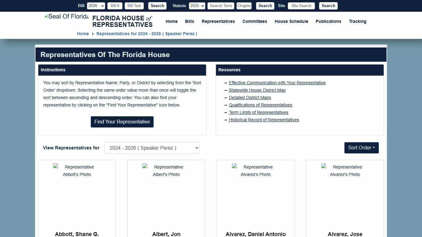 Representatives for 2024 - 2026 ( Speaker Perez ) Florida House of Representatives